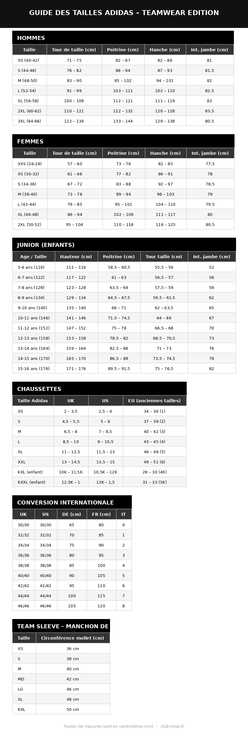 Guide des tailles Adidas
